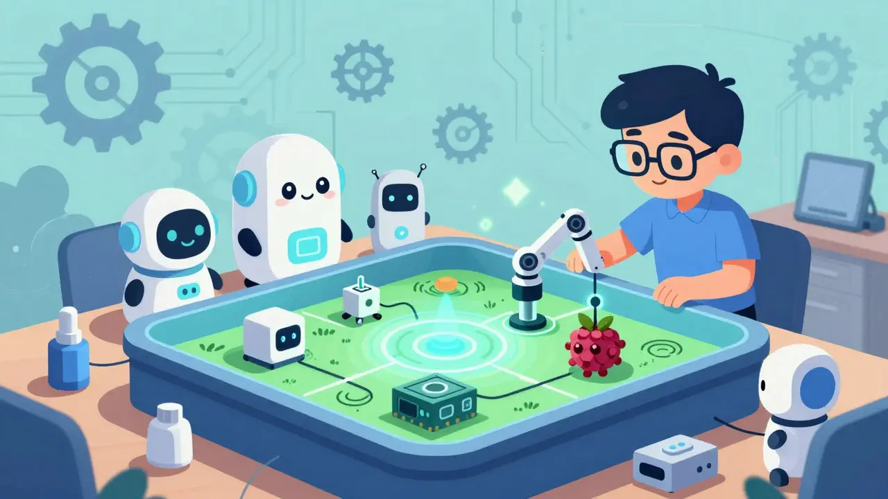 Cute robots and devices being tested in a colorful digital sandbox by a friendly developer.