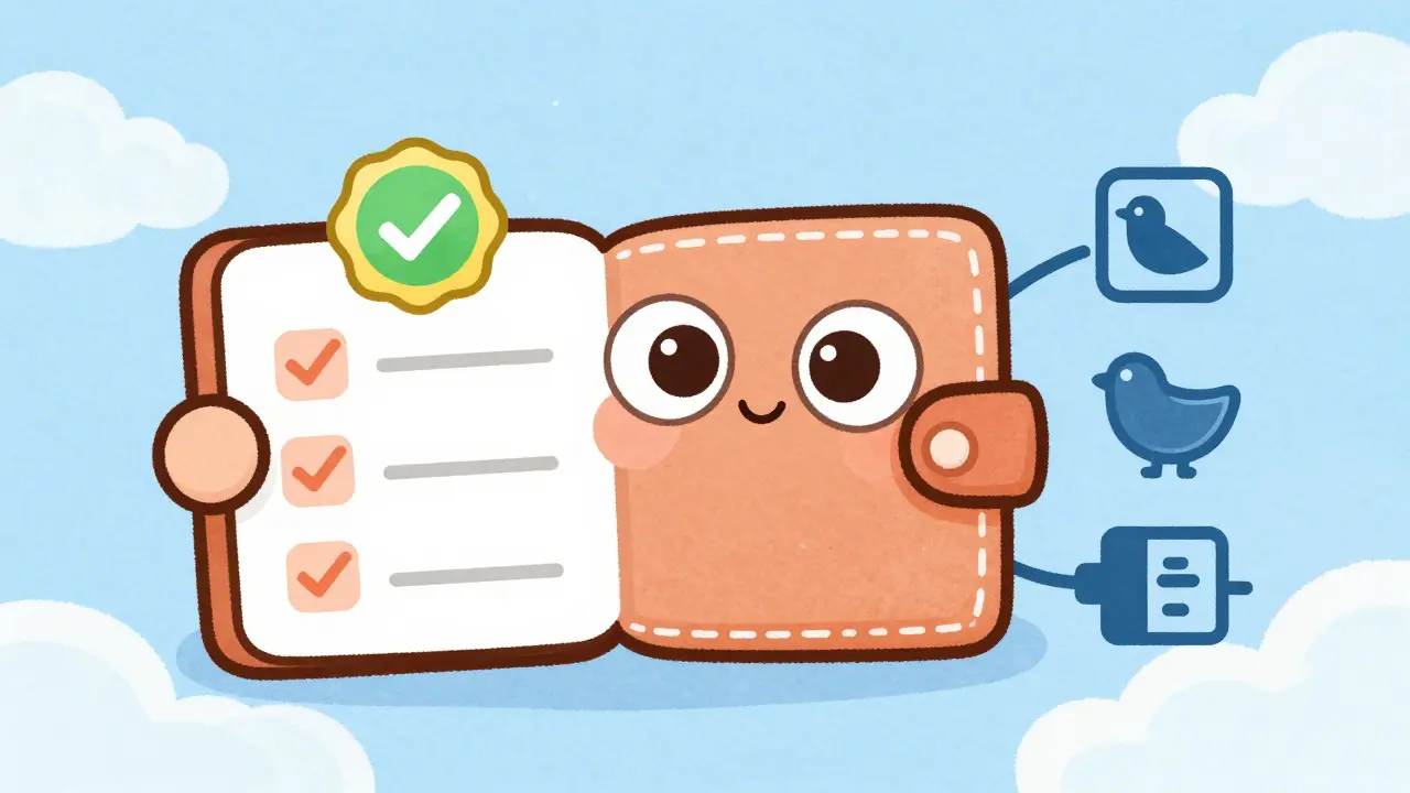 Cute wallet character checking off participation steps on a list.
