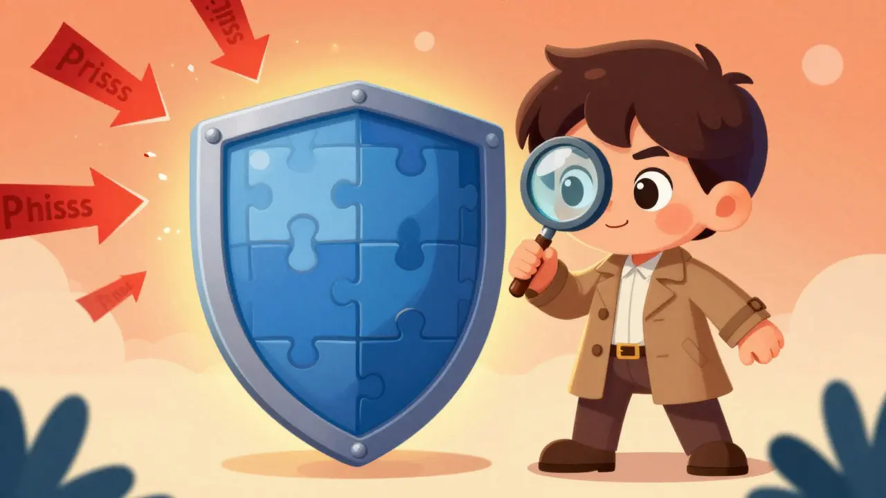 Detective character standing by a protective shield against scams