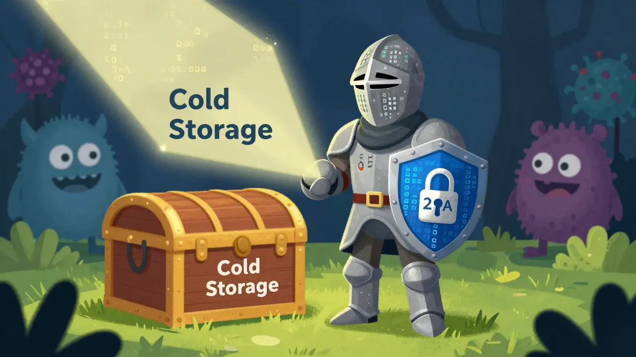 Digital knight guarding a hardware wallet against shadowy scam monsters.