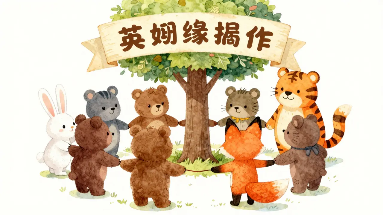 Diverse cartoon animals forming a community circle around a tree, highlighting the project's social aspect.