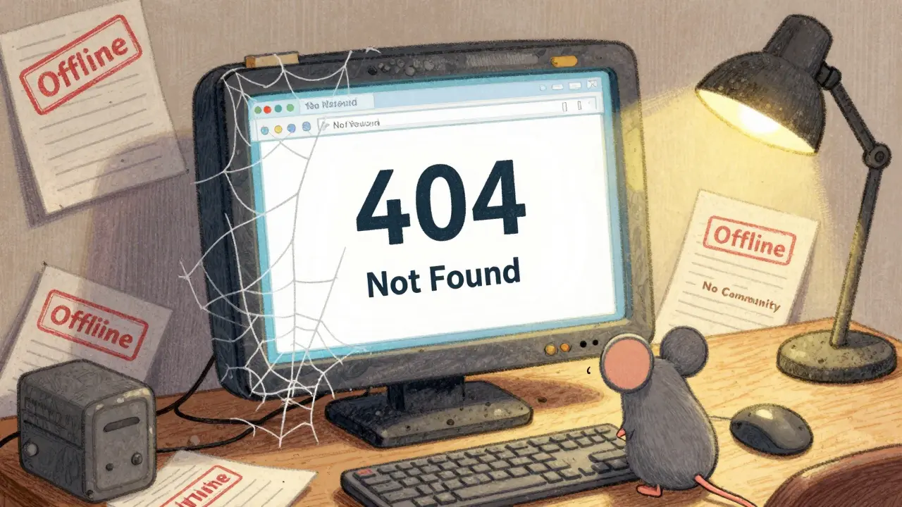 Dusty computer monitor showing an offline website error, symbolizing an abandoned project.
