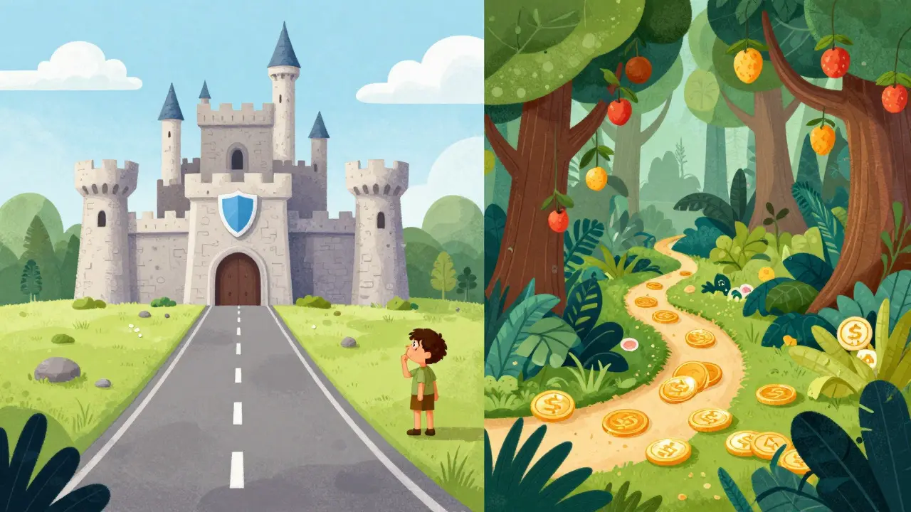 Explorer choosing between safe castle path and wild jungle path in cartoon style