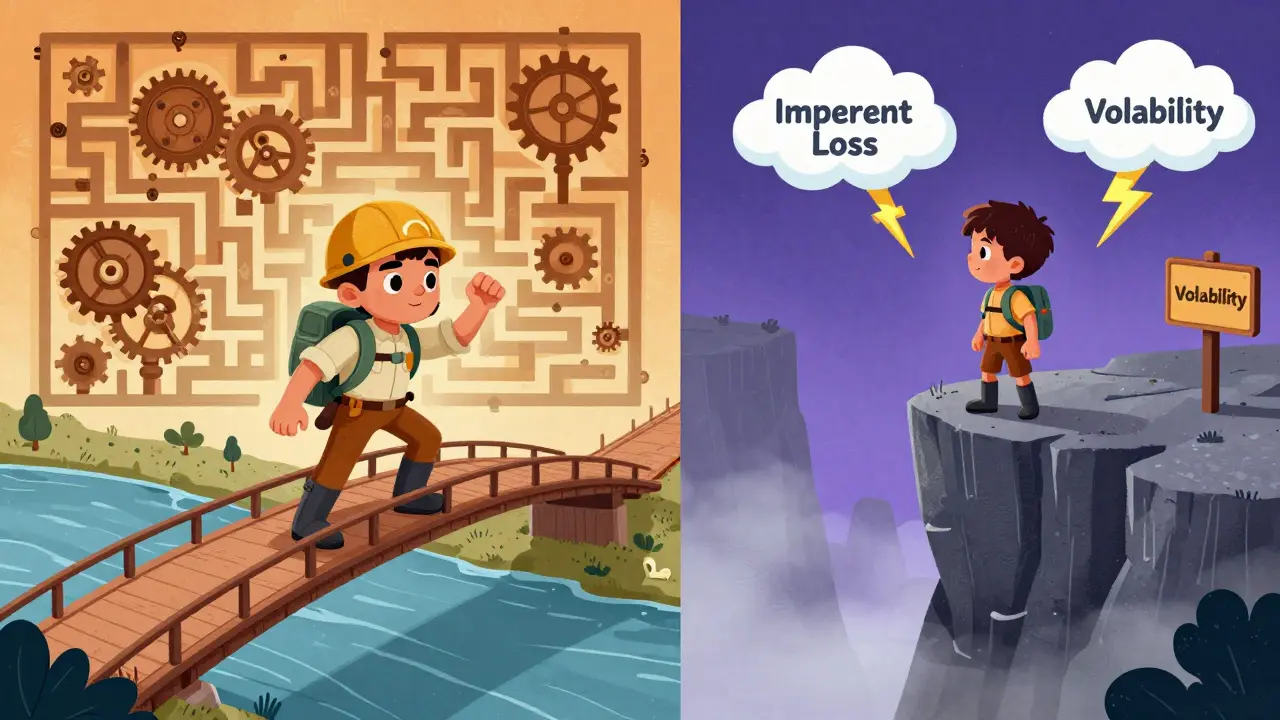 Explorer navigating complex DeFi gears vs hesitant beginner near risks