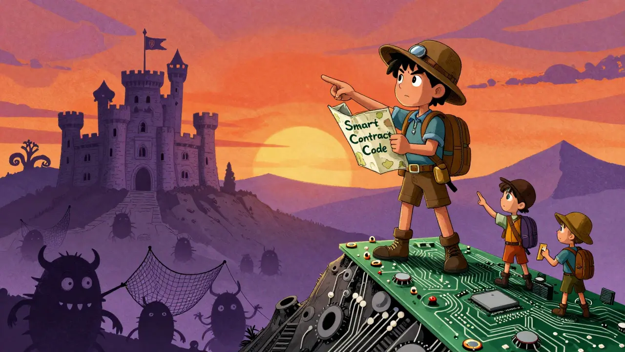 Explorer on a tech mountain hunting for digital bugs