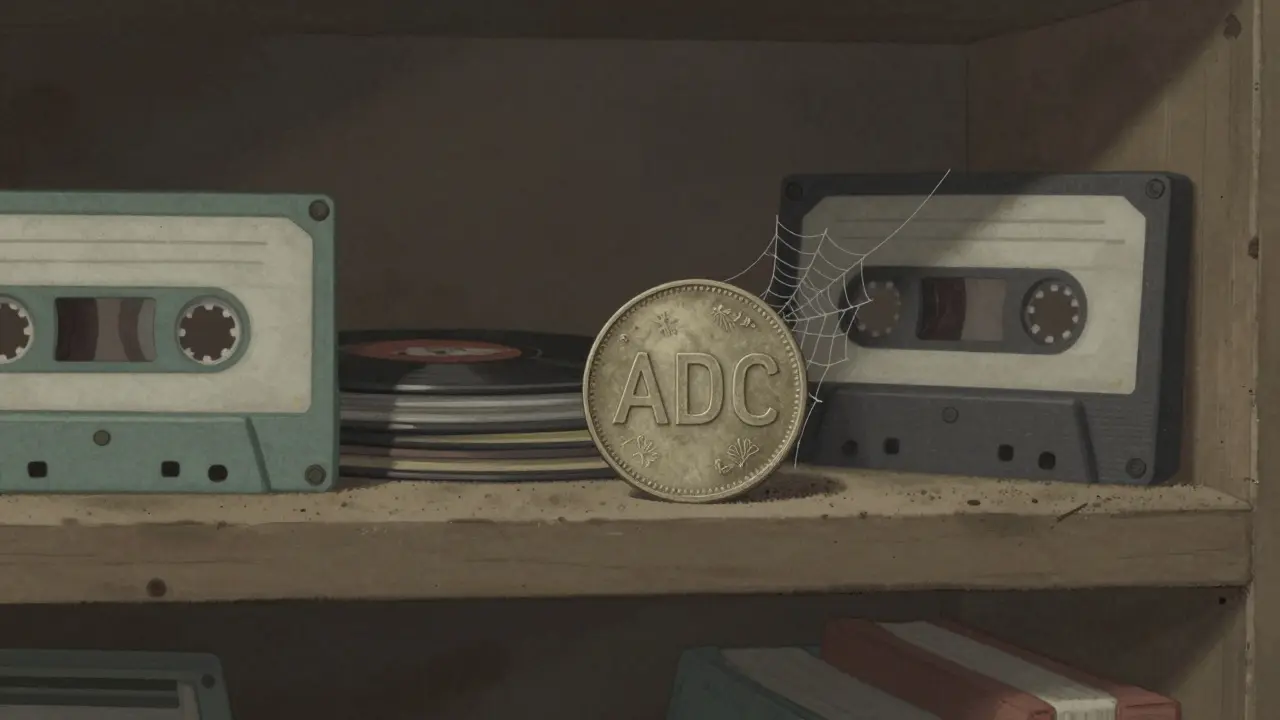 Faded crypto coin sitting alone on a dusty shelf, symbolizing dormancy