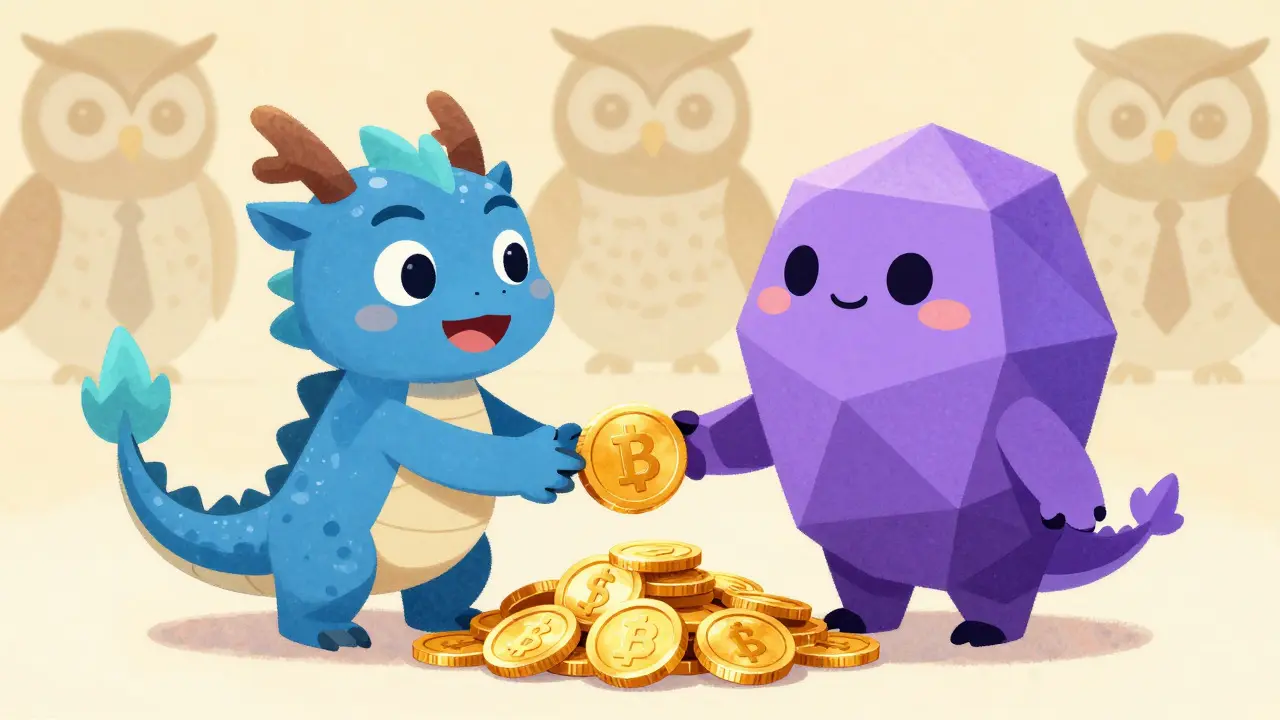 Friendly dragons representing blockchains exchanging gold coins