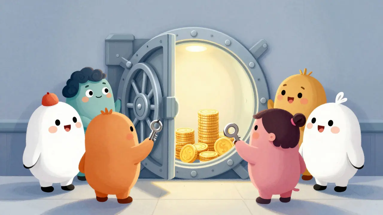Friendly guardians holding keys to a secure vault representing federation custody