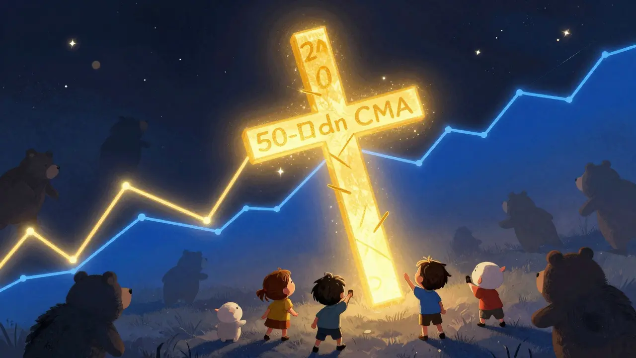 Golden cross formation on a chart with glowing lines and happy investors