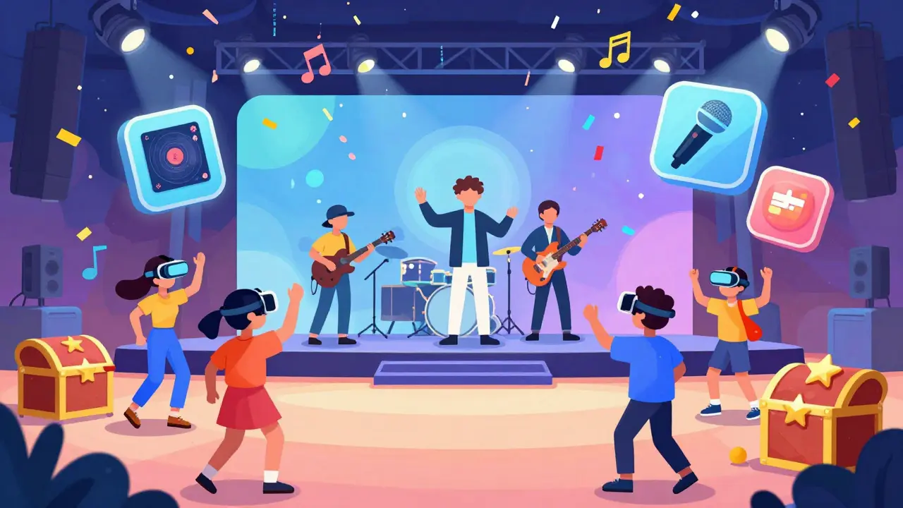 Happy cartoon fans in VR interacting with a band through voting tools and immersive experiences.