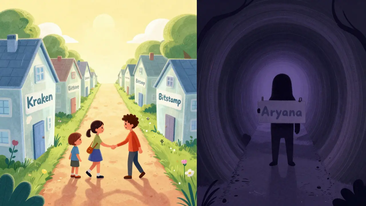 Illustration comparing a sunny, transparent path with established exchanges to a dark, shadowy tunnel.