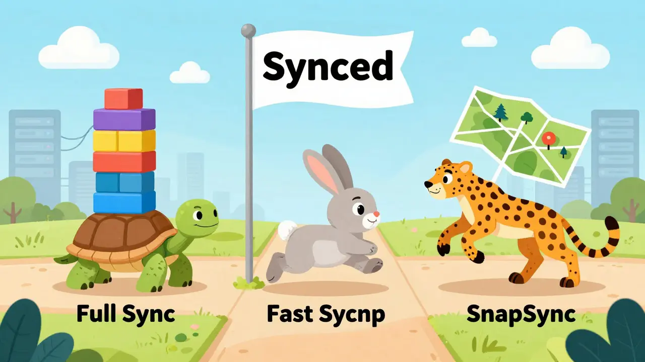 Illustration comparing three animals running a race to represent full, fast, and snap sync methods.