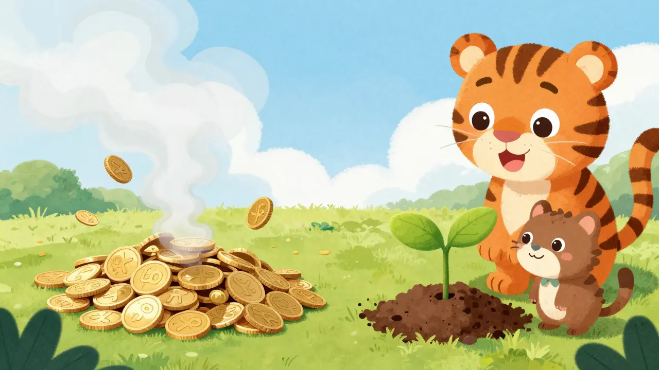 Illustration depicting coins vanishing into smoke while a tree is planted, linking deflation to environmental benefits.