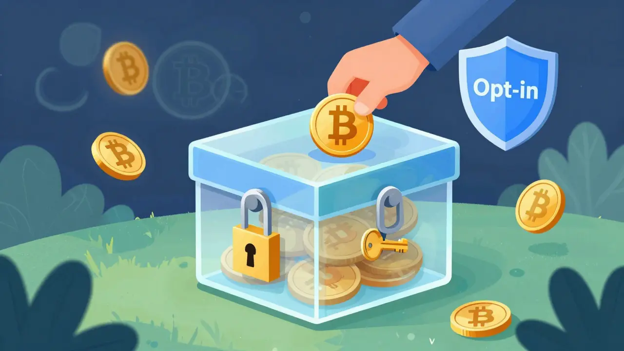 Illustration of a confirmed Bitcoin coin locked safely in a transparent vault