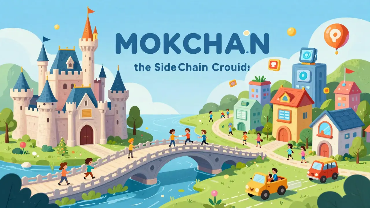 Illustration of a mainnet castle connected to an innovative sidechain town via bridge