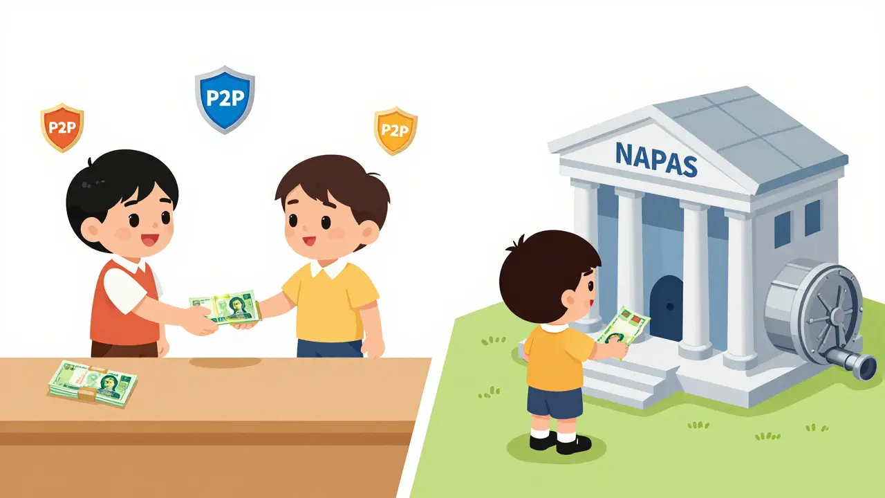 Illustration showing P2P handshake trade vs direct bank transfer methods