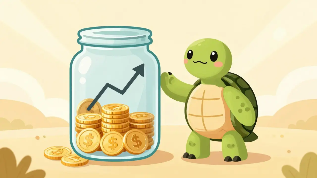 Jerry the Turtle standing by a jar of coins with a floating chart arrow in a whimsical setting.
