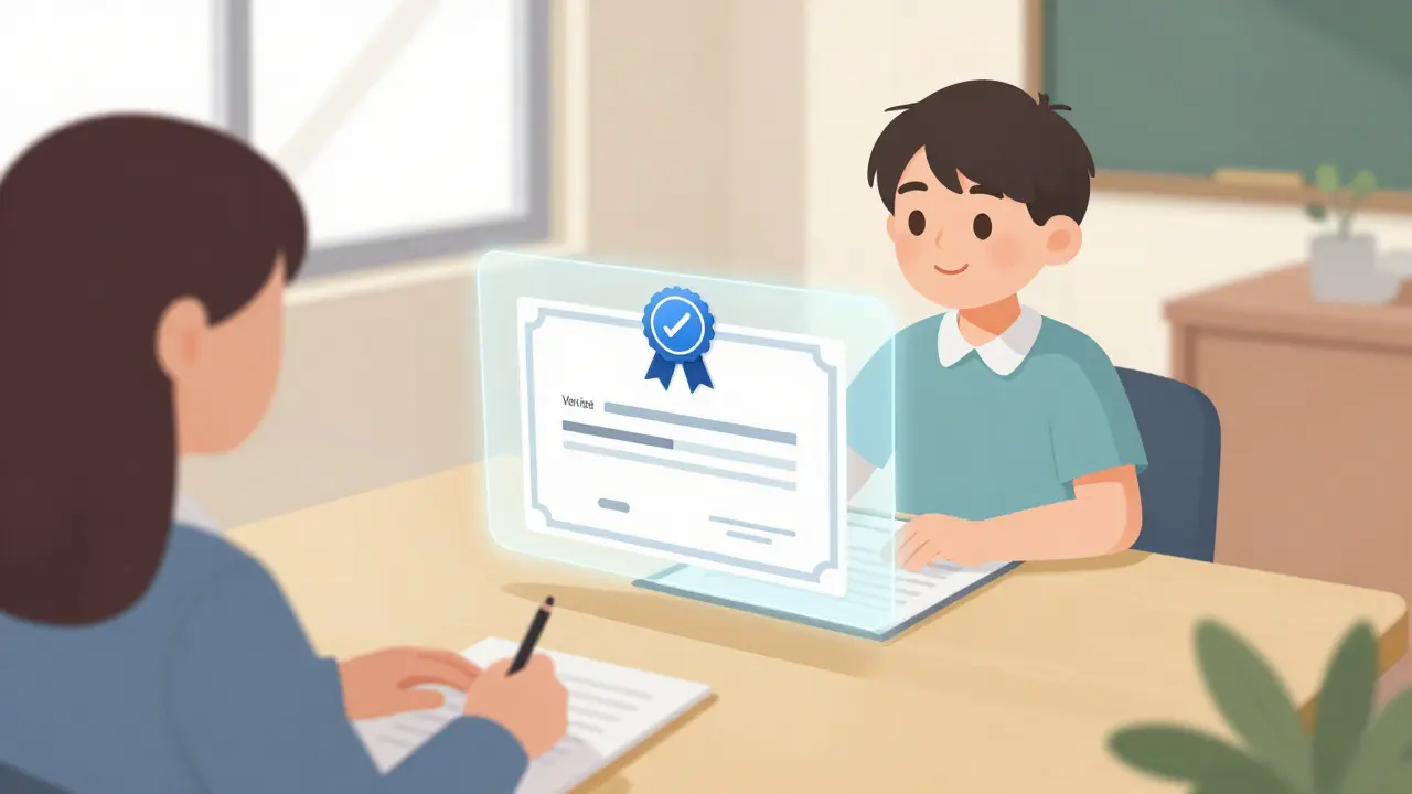 Job applicant presenting a floating holographic verified certificate to an employer.