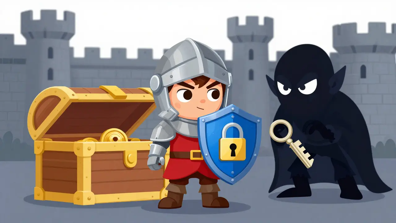 Knight protecting wallet from a sneaky goblin scammer
