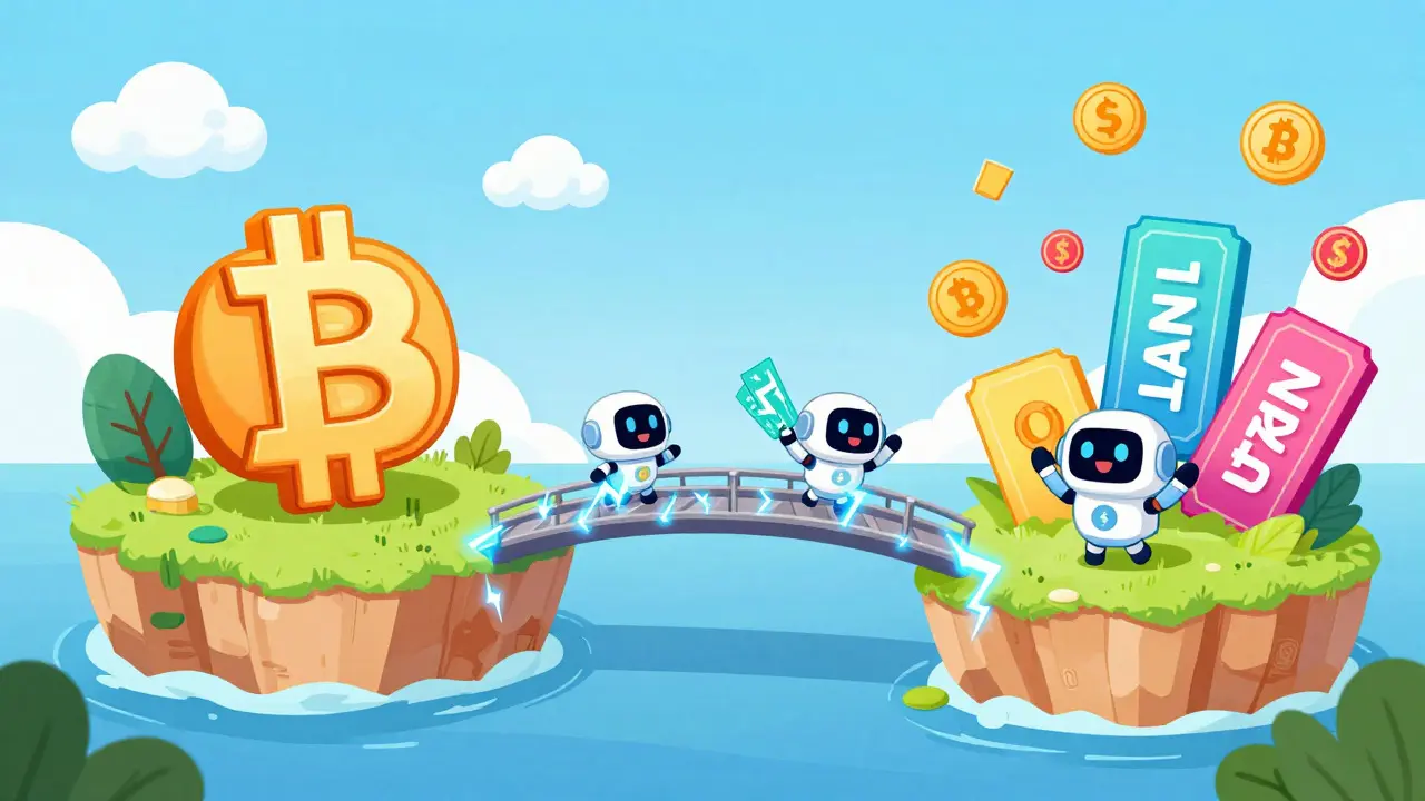 Magical lightning bridge connecting Bitcoin island to digital token island
