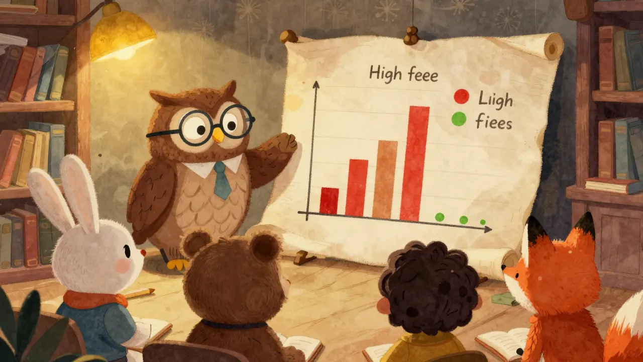 Owl librarian teaching animals about low crypto fees in a library
