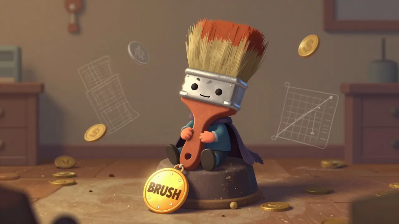 Paintbrush character on pedestal with fading coins