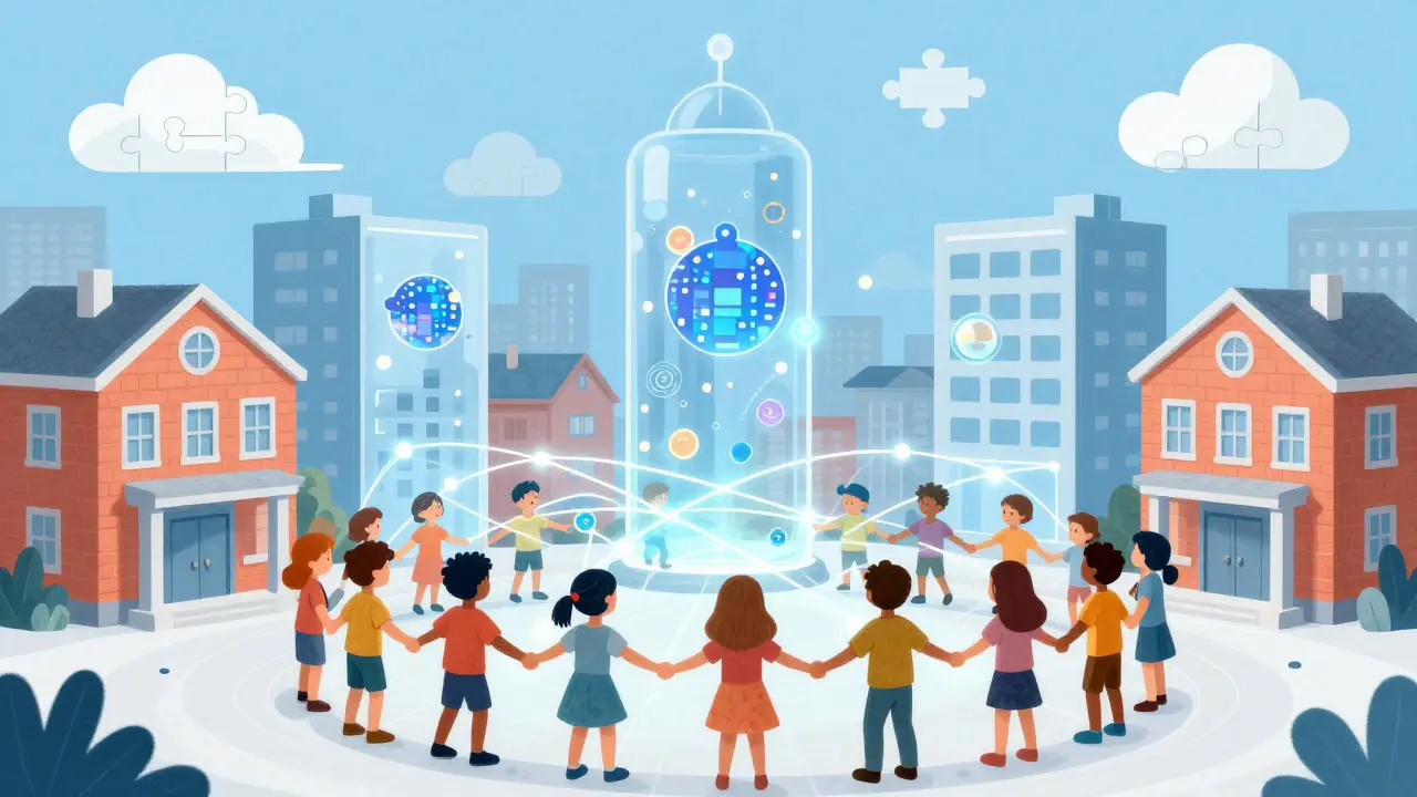 People connected by glowing light threads in a city where banks transform into glass hubs.