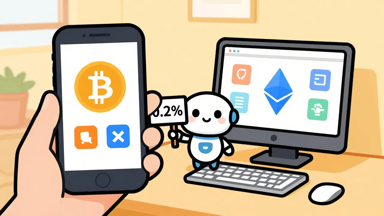 Smartphone and desktop showing crypto icons with a robot indicating low fees.