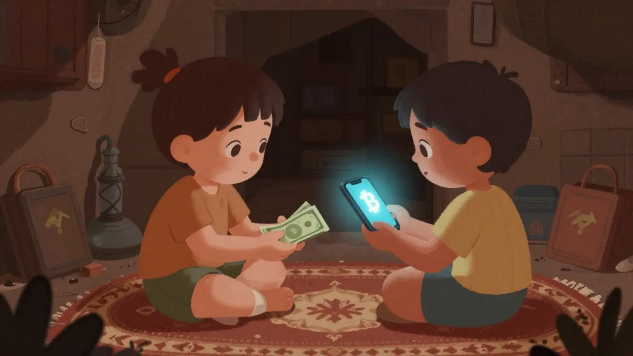Two people secretly exchanging cash for digital currency on a phone in a dim alley.
