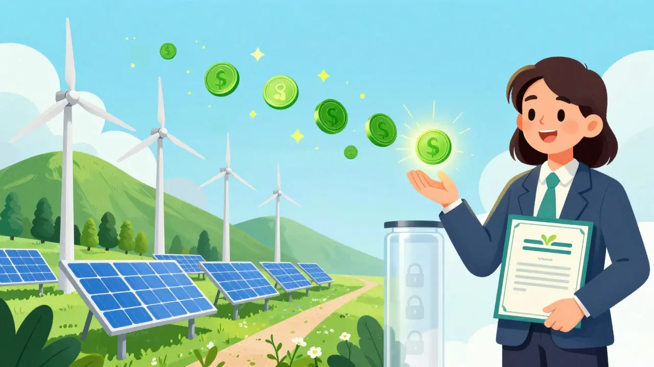 Whimsical art showing tokenized renewable energy certificates
