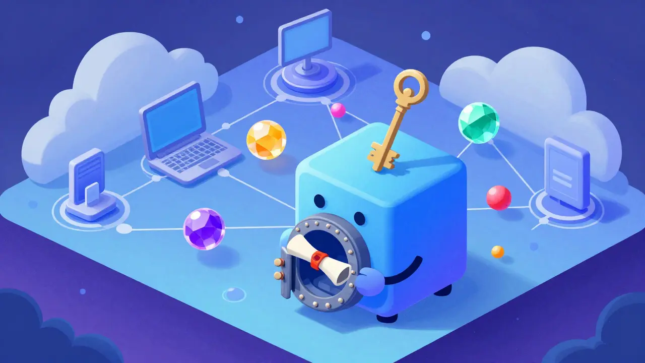Whimsical illustration of a blockchain block securing a diploma in a digital vault.