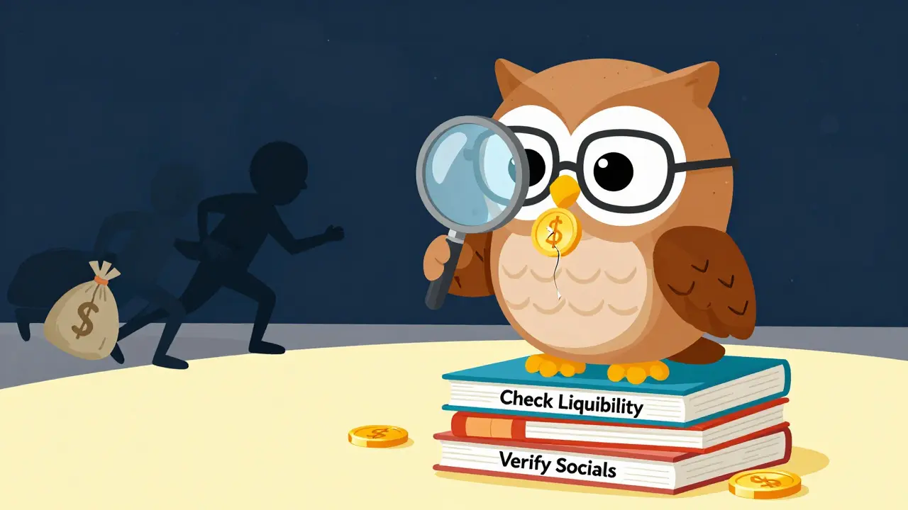 Wise owl inspecting a cracked coin with a magnifying glass, advising on crypto safety checks.