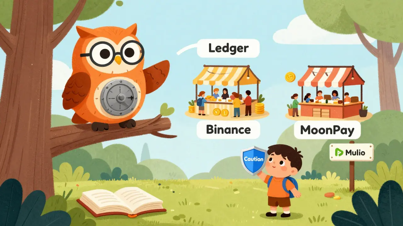 Wise owl pointing to safe crypto alternatives like wallets and reputable exchanges in a secure forest.