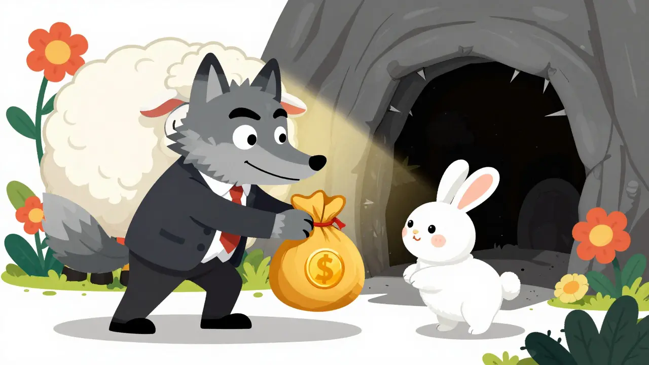 Wolf in disguise luring a rabbit towards a dark cave with a gift