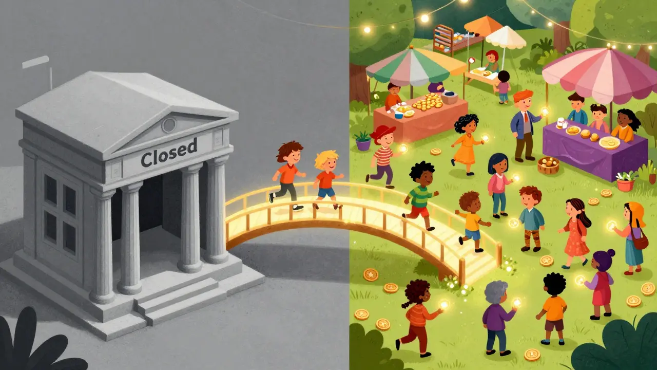 A cartoon scene contrasting a closed bank with an open global marketplace connected by light.