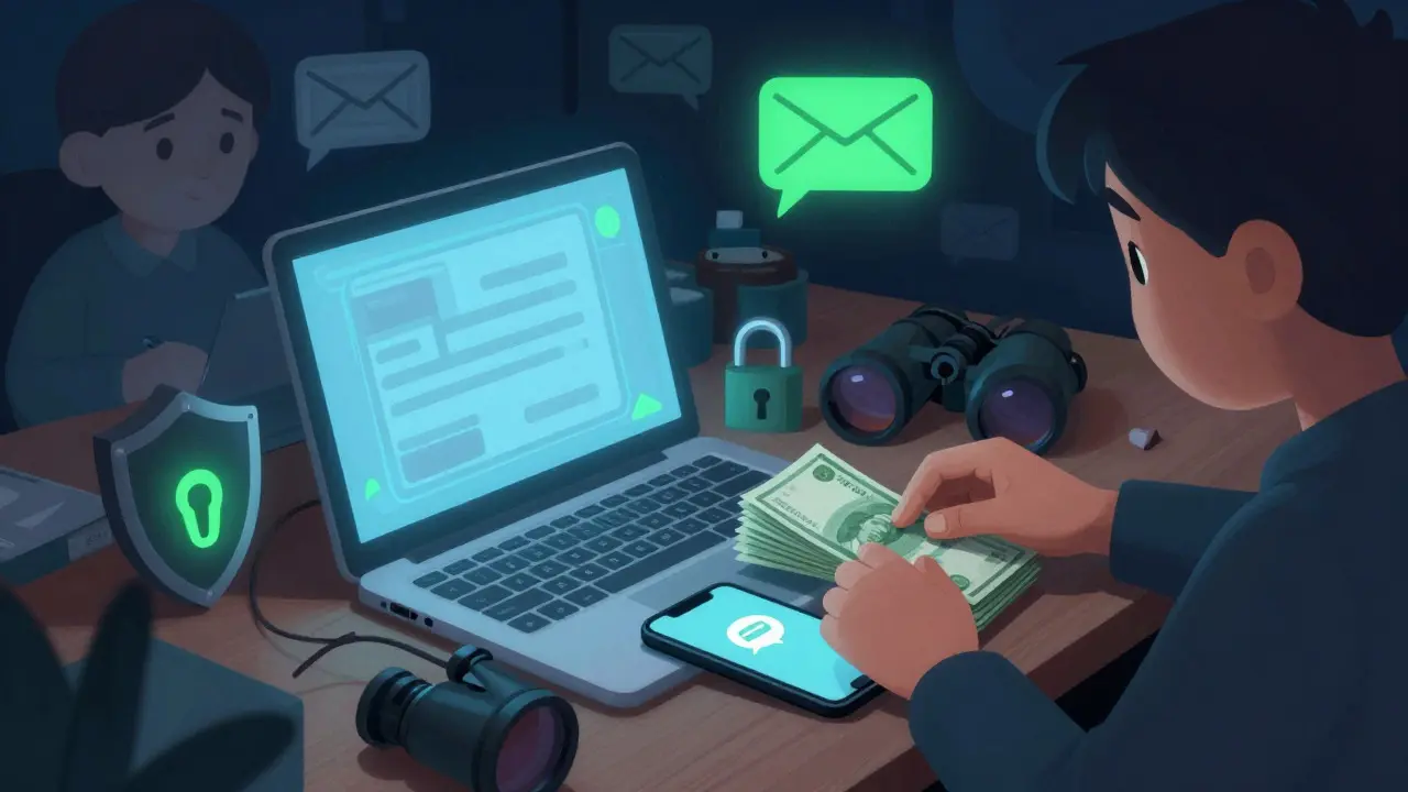 A character securing a transaction on a desk with a phone and cash, surrounded by symbols of privacy
