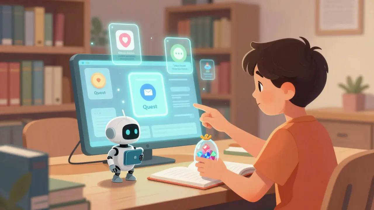A child interacting with magical quest cards and a robot helper in a cozy digital room