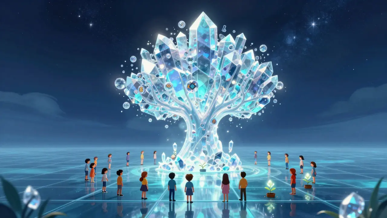 A futuristic landscape with a crystal tree representing the growth of tokenized assets.