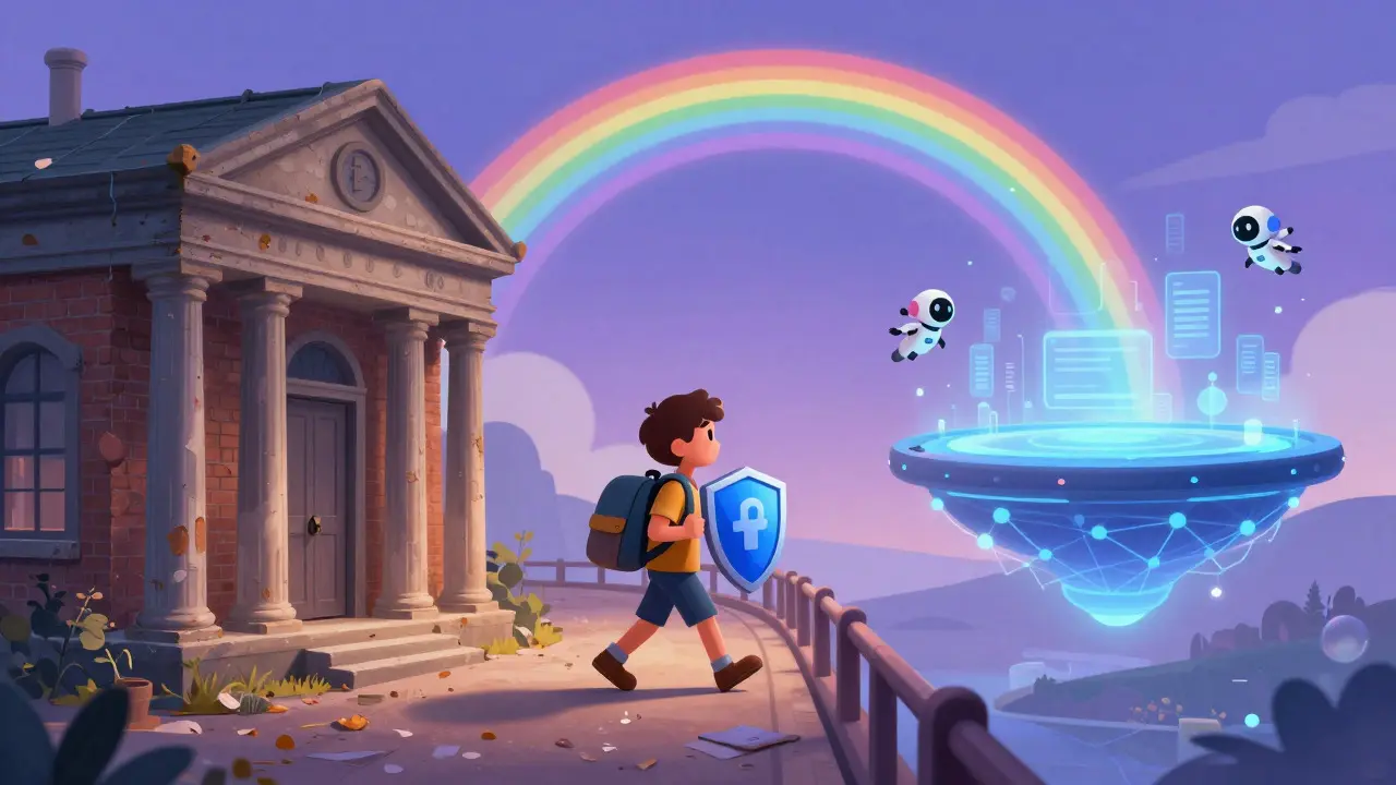 Cartoon character walking from an old bank to a futuristic digital platform, symbolizing secure transition