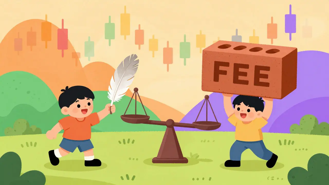 Cartoon characters comparing light and heavy weights on a scale to represent trading fees