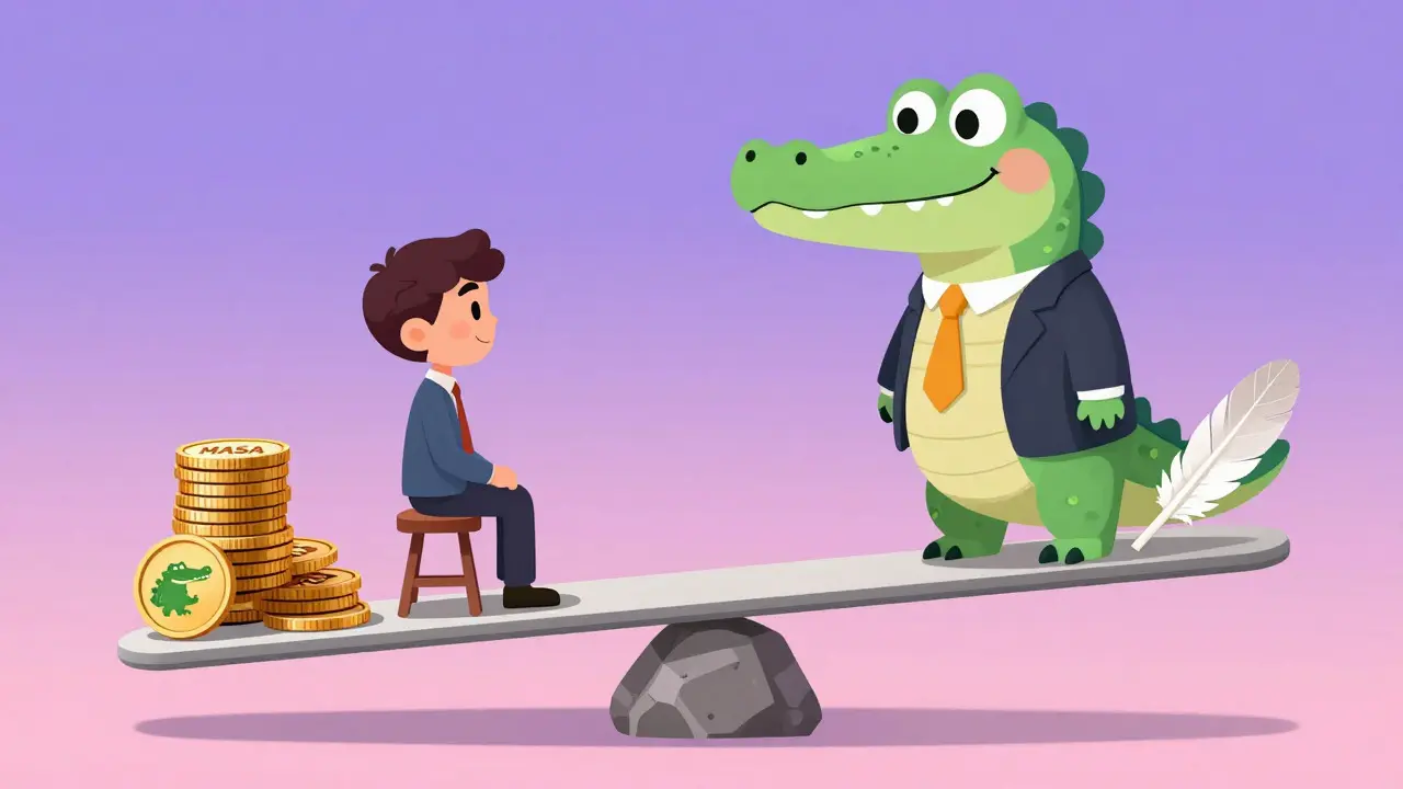 Cartoon of an investor balancing on a see-saw with alligator-themed coins, symbolizing high financial risk