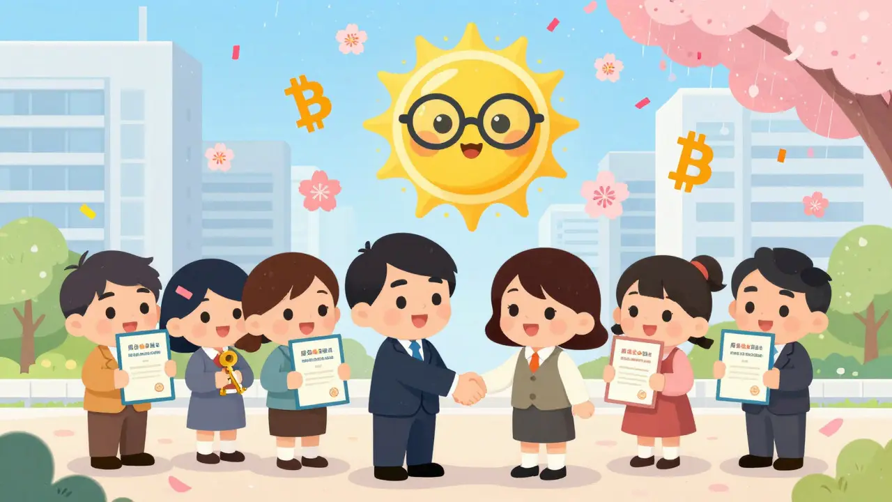Characters celebrating successful crypto exchange registration in Japan