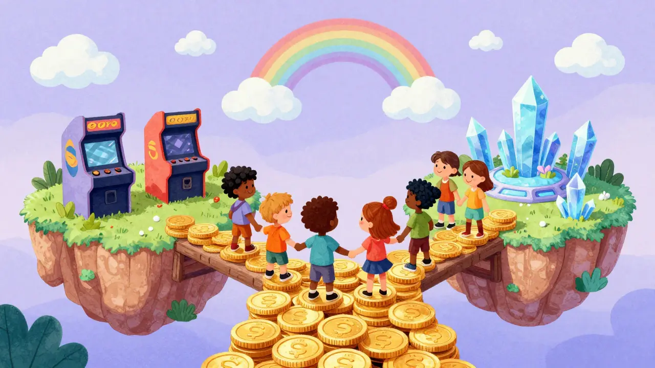 Characters crossing a coin bridge connecting traditional gaming and blockchain worlds