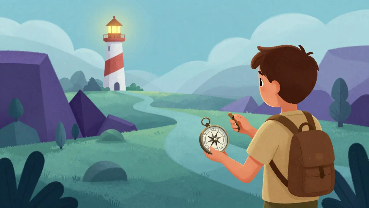 Child holding a spinning compass in a foggy landscape with a distant lighthouse