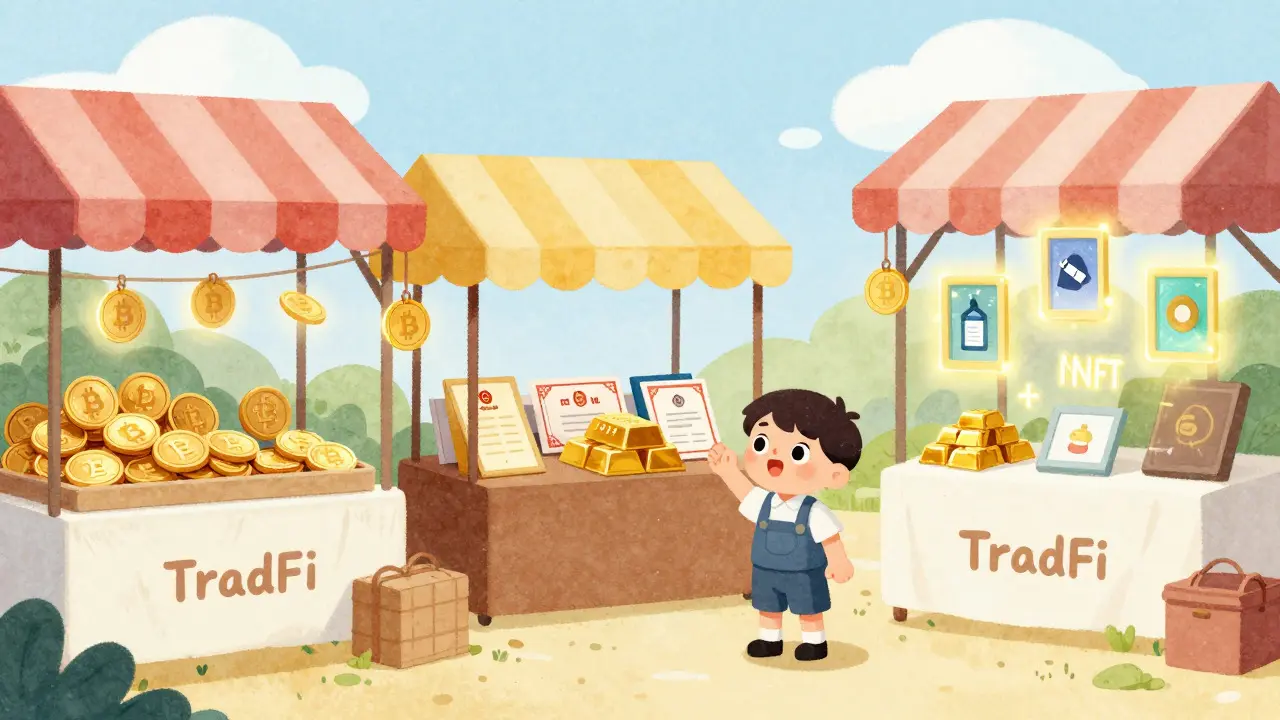Child trader exploring stalls with crypto, stocks, and NFTs in a whimsical market.