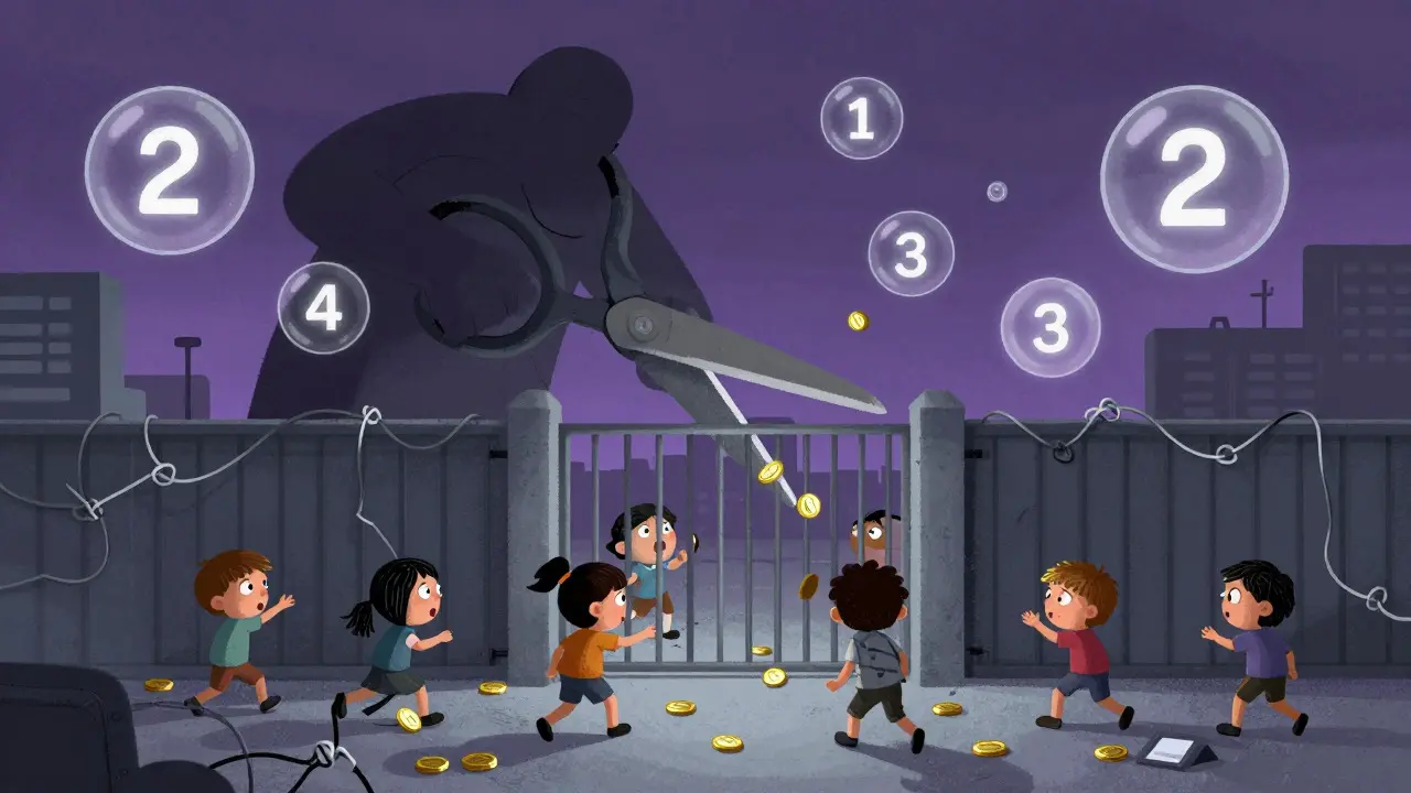 Confused cartoon figures struggling to withdraw coins through a jammed digital gate