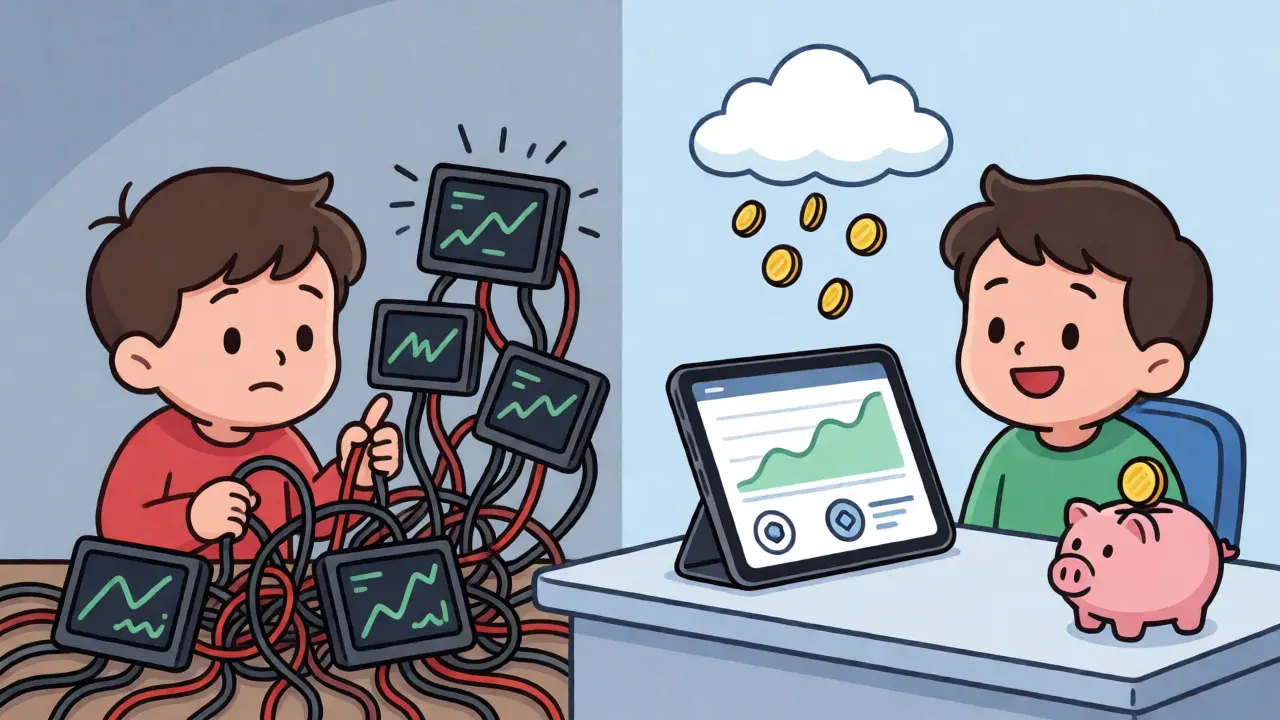 Contrast between chaotic trading and a calm, easy-to-use interface with staking rewards.