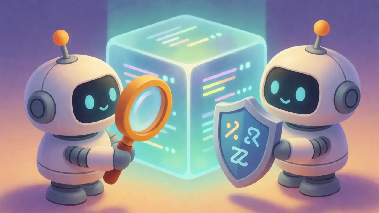 Cute robots auditing a glowing smart contract cube in cyberspace