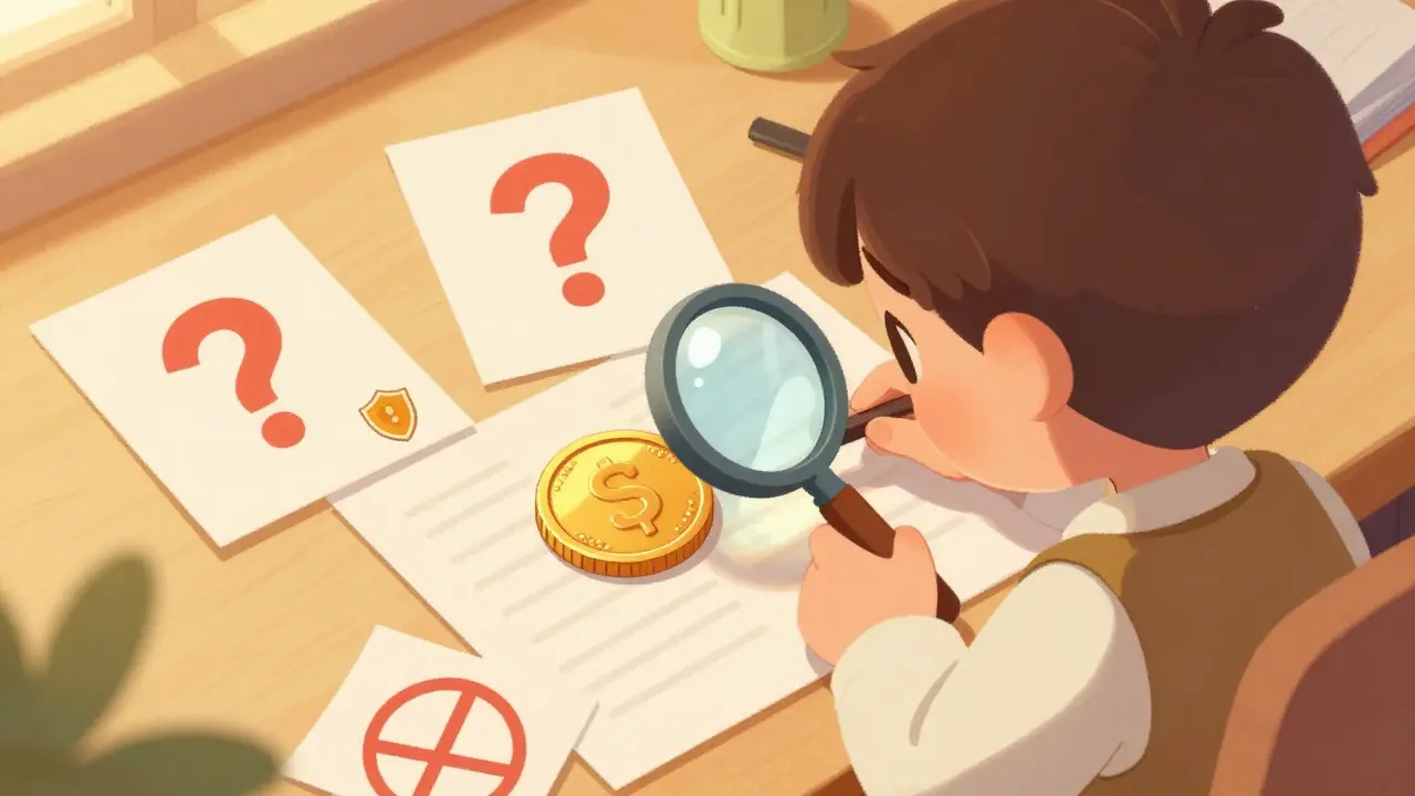 Detective inspecting a coin with a magnifying glass amidst warning signs.