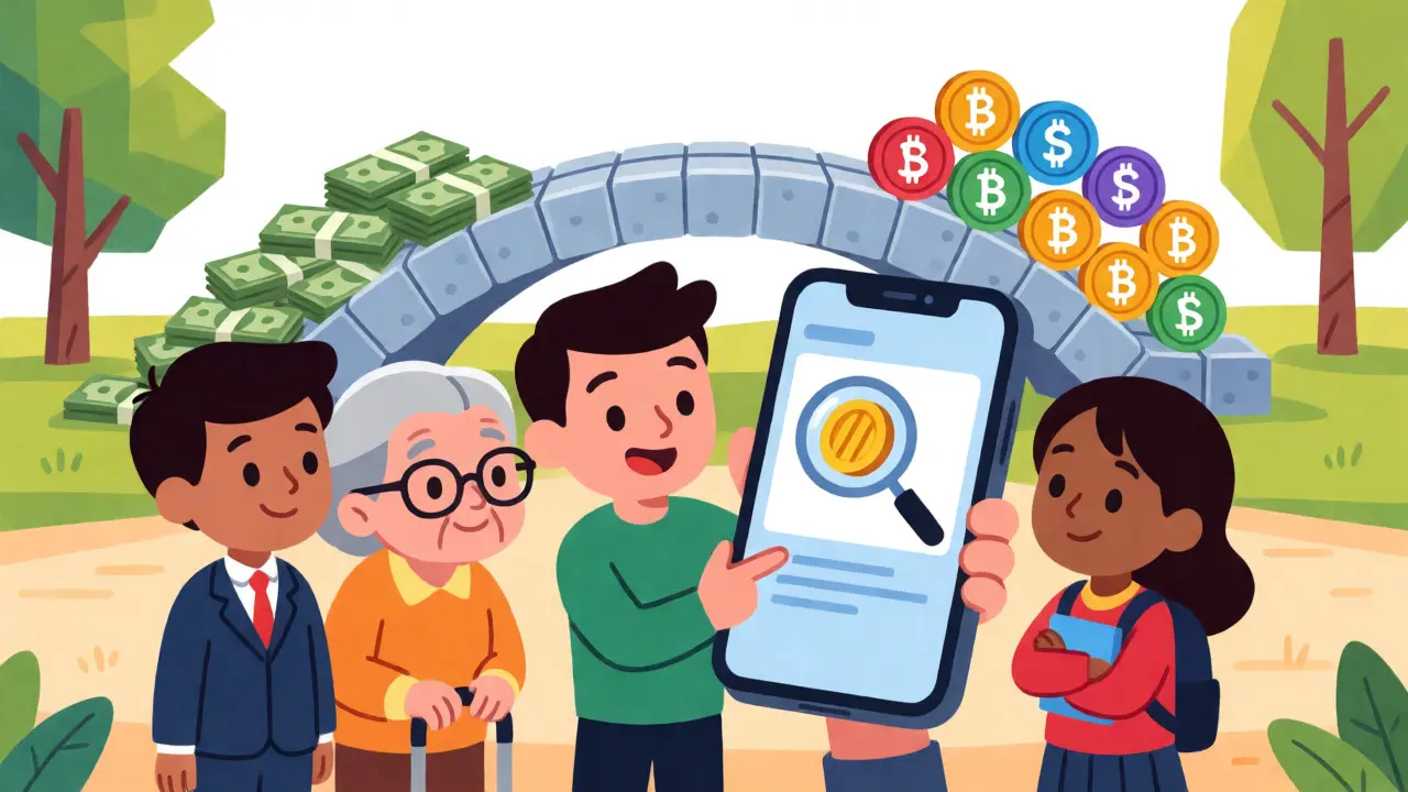 Diverse users viewing a fixed mobile app interface with a bridge connecting cash to crypto.